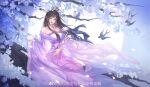  1girl absurdres bird bracelet chi_lian_(qin_shi_ming_yue) dress earrings falling_petals highres holding hoop_earrings huai_guang_zz jewelry long_hair moon o-ring_dress parted_lips petals purple_dress purple_eyes qin_shi_ming_yue sash second-party_source sitting solo tiara tree 