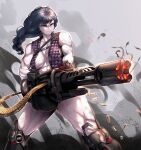  1girl abs absurdres black_hair braid frown gatling_gun gloves glowing_gun_barrel grey_eyes gun highres holding holding_gun holding_weapon long_hair looking_to_the_side minigun muscular muscular_female no_bra original qtime4_702 scar shell_casing smoke thick_thighs thighs vest weapon 