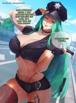  1girl araneesama black_choker black_gloves breasts choker cleavage cropped_shirt cuffs day fingerless_gloves gloves green_hair handcuffs hat highres holding holding_nunchaku holding_weapon large_breasts long_hair morrigan_aensland nunchaku outdoors paid_reward_available police police_hat police_uniform policewoman short_shorts shorts smile solo standing thighs uniform vampire vampire_(game) weapon 
