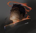  1boy aquiline_nose black_hair black_sclera bright_pupils closed_mouth colored_sclera embers falloutbart ferrus_manus fire flaming_halo from_side grey_background halo highres iron_hands_(warhammer) looking_down male_focus portrait primarch red_eyes short_hair solo thick_eyebrows twitter_username warhammer_40k white_pupils 