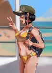  1girl absurdres audio_jack backpack bag beach bikini black_bag black_choker black_eyes black_hair blurry blurry_background boardwalk bob_cut boku_no_hero_academia breasts choker cleavage collarbone commentary constricted_pupils cowboy_shot depth_of_field eyelashes from_side green_headwear groin hand_up hat highres holding_strap jirou_kyouka long_earlobes looking_ahead medium_breasts midriff military_hat mountain navel ocean open_mouth outdoors patrol_cap pole profile railing ribosoma_42 romaji_commentary sand shaded_face short_hair sidelocks solo standing swimsuit talking teeth thighs tomboy upper_teeth_only v yellow_bikini 