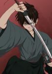  1boy absurdres black_hair black_hakama black_sclera colored_sclera commentary_request fangs fate/samurai_remnant fate_(series) grey_eyes grey_kimono hair_tie hakama highres holding holding_sword holding_weapon japanese_clothes katana kimono looking_at_viewer mailixiang male_focus miyamoto_iori_(fate) oni ponytail red_background serious sheath solo sword tassel teeth unsheathing upper_body weapon 