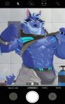  2023 abs anthro barazoku biceps big_bulge biped blue_body blue_fur bottomwear bulge camera_hud camera_view canid canine canis cellphone chest_fur clothed clothing digital_media_(artwork) english_text eyebrows fur hi_res holding_cellphone holding_object holding_phone holding_smartphone jockstrap kemono lifewonders male mammal mirror_selfie muscular muscular_anthro muscular_male nipples open_bottomwear open_clothing open_pants pants pecs phone pinup pose selfie shirt signature smartphone smile solo sparkles tank_top teeth text tindalos_(tas) tokyo_afterschool_summoners topwear underwear wolf zen_crael 