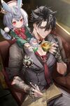  1boy 1girl =3 absurdres animal_ears bandaged_arm bandages black_gloves black_hair book bow chair closed_mouth cup drinking_straw ear_piercing fingerless_gloves genshin_impact gloves grey_hair hair_between_eyes hair_ornament hat highres holding holding_cup long_sleeves lumine_(genshin_impact) necktie paimon_(genshin_impact) paper pen piercing pom_pom_(clothes) pom_pom_hair_ornament pottsness red_bow red_eyes red_necktie shirt sigewinne_(genshin_impact) sitting sweat twitter_username white_gloves white_headwear wriothesley_(genshin_impact) 