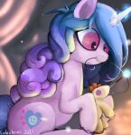  2021 blue_hair blue_tail button_(fastener) colochenni cutie_mark digital_media_(artwork) english_text equid equine feral glowing glowing_horn hair hasbro hi_res holding_object hooves horn izzy_moonbow_(mlp) long_hair looking_down magic mammal mlp_g5 mouth_hold multicolored_hair my_little_pony plushie purple_body purple_hair sewing tail telekinesis text two_tone_hair unicorn unicorn_horn 