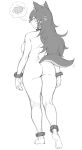  1girl ahoge animal_ear_fluff animal_ears ass backboob boned_meat breasts cuffs dog_ears dog_girl dog_tail english_commentary extra_ears fenrir_(last_origin) food from_behind full_body ginseng_(xin) greyscale highres large_breasts last_origin long_hair meat monochrome nude shackles solo tail thought_bubble 