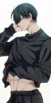  1boy abs absurdres black_shirt blue_lock commentary_request green_eyes green_hair hand_on_own_head hand_under_clothes hand_under_shirt highres itoshi_rin long_sleeves looking_at_viewer male_focus may_(illust_man_2020) navel parted_lips shirt short_hair simple_background solo white_background 