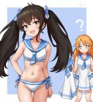  2girls ? absurdres ass_visible_through_thighs bikini black_hair blue_background blue_bow blue_neckerchief blue_sailor_collar blurry blush border bow breasts collarbone commentary_request cowboy_shot depth_of_field dress empty_eyes expressionless groin hair_between_eyes hair_ribbon hand_on_own_hip highres holding holding_clothes holding_dress idolmaster idolmaster_cinderella_girls idolmaster_cinderella_girls_u149 koaya long_hair looking_at_viewer matoba_risa multiple_girls navel neckerchief open_mouth orange_hair ribbon sailor_collar sailor_swimsuit_(idolmaster) sidelocks signature small_breasts smile solo_focus stomach swimsuit thighs twintails white_bikini white_border white_dress yellow_eyes yuuki_haru 