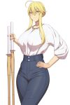  1girl alternate_costume artoria_pendragon_(fate) artoria_pendragon_(lancer)_(fate) blonde_hair blue_pants blush breasts closed_mouth commentary english_commentary fate/grand_order fate_(series) green_eyes hair_between_eyes hand_on_own_hip highres holding large_breasts long_hair long_sleeves looking_at_viewer lvl_(sentrythe2310) pants shirt shirt_tucked_in sidelocks simple_background smile solo thighs white_background white_shirt 