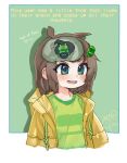  1girl :d artist_name blue_eyes border brown_hair cauldron commentary drawstring english_commentary english_text freckles frog girutea green_background green_eyes hair_bobbles hair_ornament hat highres indie_virtual_youtuber jacket lily_hopkins multicolored_eyes open_clothes open_jacket open_mouth short_hair simple_background smile solo stirring teeth twitter_username upper_teeth_only virtual_youtuber white_border witch_hat x-ray yellow_jacket 