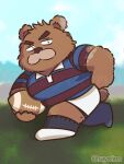  2023 3:4 anthro bear bottomwear brown_body brown_fur clothing fur kemono kumalino male mammal roast_(kumalino) rugby rugby_ball rugby_uniform sanrio sayolino shirt shorts solo topwear 