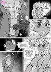  anthro anthrofied applejack_(mlp) balls big_breasts blush breasts comic covering covering_crotch covering_self dialogue dragon duo english_text equid equine female freckles friendship_is_magic genitals hasbro hi_res male mammal muscular muscular_male my_little_pony nipples nude penis pia-sama scalie text vein veiny_penis 