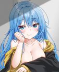  1girl absurdres areola_slip bare_shoulders black_jacket blue_eyes blue_hair blurry blush breasts cleavage closed_mouth collarbone commentary elie_wayne grey_background hair_intakes hand_on_own_cheek hand_on_own_face head_rest highres jacket jan_azure large_breasts long_hair long_sleeves looking_at_viewer mole mole_on_shoulder multicolored_clothes multicolored_jacket naked_jacket naughty_face off_shoulder open_clothes original sleeves_past_wrists smile smug symbol-only_commentary upper_body wavy_hair yellow_jacket 