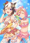  2girls animal_ears arm_garter bare_shoulders bead_necklace beads bikini bikini_skirt blush bracelet breasts brown_hair cleavage closed_mouth cloud cowboy_shot day flower frilled_bikini frills frown goggles goggles_on_head hair_flower hair_ornament hair_tucking hairclip haru_urara_(umamusume) hibiscus highres holding holding_water_gun horse_ears horse_girl horse_tail jewelry long_hair looking_at_viewer moko39_takasora multicolored_hair multiple_girls navel necklace one_eye_closed open_mouth outdoors pink_bikini pink_hair plaid plaid_bikini ponytail purple_eyes short_hair short_ponytail small_breasts smile special_week_(hopping_vitamin_heart)_(umamusume) special_week_(umamusume) swimsuit tail thigh_strap two-tone_hair umamusume water_drop water_gun yellow_bikini 