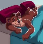  absurd_res age_difference anthro bear bed brown_body brown_fur butt fur furniture green_eyes hi_res looking_at_viewer male mammal nude pillow simple_background size_difference smaller_male solo solo_focus suchaeliot young younger_male 