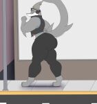  anthro big_butt butt clothed clothing eyes_closed eyewear fish flat_colors glasses headgear headphones headset hi_res john_(photolol.03) male male/male marine muscular muscular_anthro muscular_male photolol.03 piercing shark simple_background solo thick_thighs walking wide_hips 