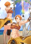  1girl abs absurdres aiming beach bikini bow_(weapon) cloud commission do_it_for_her fire_emblem fire_emblem:_three_houses fire_emblem_heroes haska_(user_gure4787) highres leonie_pinelli leonie_pinelli_(summer) muscular muscular_female ocean official_alternate_costume orange_bikini orange_hair palm_tree short_hair skeb_commission standing swimsuit tree very_short_hair weapon 
