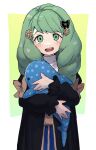  1girl absurdres doll drill_hair fire_emblem fire_emblem:_three_houses fish flayn_(fire_emblem) green_eyes green_hair hair_ornament hairclip highres holding holding_doll nendo23 open_mouth swept_bangs teeth upper_teeth_only 