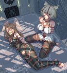  2girls absurdres animal_ear_fluff animal_ears arms_behind_back ball_gag bar_censor bare_shoulders black_bodysuit black_pantyhose blue_eyes bodysuit bound bound_arms bound_legs braid breasts brown_hair camisole censored chinese_commentary commentary_request eunie_(xenoblade) feathered_wings full_body gag gag_harness grey_hair head_wings highres indoors large_breasts leveen long_hair looking_at_viewer lying mio_(xenoblade) multiple_girls o-ring_harness on_side paid_reward_available pantyhose pussy shibari shibari_over_clothes short_hair single_braid sitting skindentation stirrup_legwear toeless_legwear toes torn_bodysuit torn_clothes torn_pantyhose wariza white_camisole white_wings wings xenoblade_chronicles_(series) xenoblade_chronicles_3 yellow_eyes 
