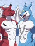  abs anthro bandai_namco digimon digimon_(species) duo exveemon growlmon hi_res horn looking_at_viewer male muscular muscular_male navel nude pecs seandemon wings 