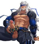  1boy abs bara beard blue_headband blush cross_scar erection facial_hair feet_out_of_frame headband highres jin_(sirius-j) jioh_the_gravity_ninja large_pectorals large_penis long_hair looking_at_viewer male_focus male_masturbation masturbation muscular muscular_male nipples old old_man open_fly pectorals penis scar scar_on_chest shrug_(clothing) solo spread_legs stomach thick_thighs thighs uncensored underpec veins veiny_penis white_hair yu-gi-oh! 