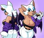  absurd_res anthro bat bat_wings black_tube_top blue_eyeshadow bottomwear breasts cleavage clothed clothing eyeshadow eyewear female green_eyes hair hand_behind_head hi_res jacket makeup mammal membrane_(anatomy) membranous_wings pants purple_background purple_clothing purple_jacket purple_topwear rouge_the_bat sega short_hair simple_background solo sonic_the_hedgehog_(series) sunglasses superspoe topwear tube_top white_bottomwear white_clothing white_hair white_pants wings 