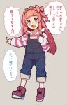  1girl :d absurdres aged_down blue_overalls blunt_bangs blunt_ends bow brown_footwear full_body grey_background hair_bow hair_intakes hands_up highres holding_strap hood hood_down hoodie kotonoha_akane long_sleeves open_mouth overalls overalls_rolled_up pink_bow pink_hair pointing red_eyes shoes simple_background sleeves_past_wrists smile solo sparkle speech_bubble striped striped_hoodie thick_eyebrows toriniku29 voiceroid 