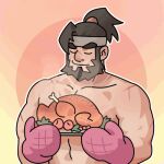  1boy animated animated_gif bara beard blush bucephalus.tvt chicken_(food) cross_scar facial_hair food large_pectorals lowres male_focus muscular muscular_male nude oven_mitts pectorals ponytail scar short_hair smelling solo thick_eyebrows translation_request upper_body 