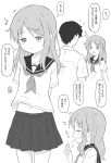  1boy 1girl arms_behind_back closed_eyes faceless faceless_male flying_sweatdrops hair_ornament hairclip highres koyokoyo1231 long_hair monochrome navel original pleated_skirt sailor_collar school_uniform serafuku shirt short_hair short_sleeves skirt translation_request 