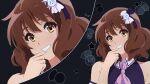  1girl brown_eyes brown_hair cosplay detached_sleeves finger_to_mouth grin hair_ornament hibike!_euphonium highres hoshino_ai_(oshi_no_ko) hoshino_ai_(oshi_no_ko)_(cosplay) index_finger_raised looking_at_viewer necktie oshi_no_ko oumae_kumiko parody pink_necktie pointing pointing_at_self scene_reference short_hair smile smug solo teeth usagihop watermark wavy_hair 