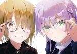  2girls absurdres adjusting_eyewear bangs black_coat black_shirt brown_hair buttons closed_mouth coat collared_shirt glasses green_eyes grey_hair hair_ornament hair_over_one_eye hairpin heaven_burns_red highres izumi_yuki_(heaven_burns_red) kayamori_ruka looking_at_viewer multiple_girls raimuminnt red_eyes shirt short_hair smile 