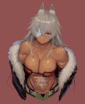  1girl animal_ear_fluff animal_ears bandeau bare_shoulders breasts character_request commentary_request copyright_request eyepatch fur_trim grey_hair highres large_breasts long_hair looking_at_viewer midriff navel off_shoulder ranma_(kamenrideroz) red_background red_eyes simple_background solo stomach upper_body 