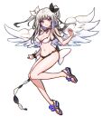  1girl arisaka_u bikini bow breasts chain_paradox chloe_blanche choker full_body gradient_hair hair_bow highres light_smile long_hair looking_at_viewer multicolored_hair navel purple_eyes purple_nails sandals small_breasts smile swimsuit transparent_background white_wings wings 