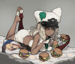  1girl abstract_background animal_hat arm_belt armpit_peek artist_name ass bandaged_arm bandaged_foot bandaged_leg bandages black_shirt body_pillow breasts burger_malfunction cat_hat censored character_print clover collared_jacket collared_shirt crop_top dakimakura_(object) dark-skinned_female dark_skin eyes_visible_through_hair feet fingerless_gloves food_in_mouth four-leaf_clover gloves green_shirt grey_background guilty_gear guilty_gear_strive hair_between_eyes hat hat_belt highres illenn jacket legs_up long_bangs long_hair looking_at_viewer lying medium_breasts messy messy_hair mosaic_censoring on_bed on_stomach parted_lips pillow ramlethal_valentine shaded_face shamrock shirt shorts simple_background sin_kiske single_fingerless_glove sleeveless sleeveless_jacket sleeveless_shirt slit_pupils soles solo teeth the_pose toes too_many too_much_food tsurime twitter_username white_gloves white_hair white_headwear white_jacket white_shorts yellow_eyes 