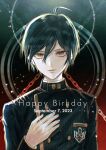  1boy ahoge black_background black_jacket breast_pocket brown_eyes buttons danganronpa_(series) danganronpa_v3:_killing_harmony dated double-breasted hair_between_eyes hand_up happy_birthday jacket looking_at_viewer pocket red_background saihara_shuichi sakuyu short_hair solo striped striped_jacket 