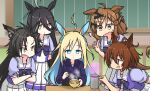  5girls agnes_tachyon_(umamusume) ahoge air_shakur_(umamusume) animal_ears black_hair blonde_hair blue_coat blue_eyes blue_hair bow bowl bowtie bright_pupils brown_hair buttons chemical_structure chopsticks classroom coat colored_inner_hair commentary_request crossed_arms cup double-breasted ear_piercing earrings eyebrow_piercing frilled_skirt frills hair_between_eyes hair_ornament hairclip hamu_koutarou highres holding holding_bowl holding_chopsticks holding_cup horse_ears horse_girl horseshoe_ornament jewelry jungle_pocket_(umamusume) long_bangs long_hair manhattan_cafe_(umamusume) messy_hair miso_soup multicolored_hair multiple_girls neo_universe_(umamusume) open_mouth partial_commentary piercing pleated_skirt puffy_short_sleeves puffy_sleeves purple_bow purple_bowtie purple_serafuku purple_shirt red_eyes sailor_collar sailor_shirt school_uniform serafuku sharp_teeth shirt short_hair short_sleeves single_earring sitting skirt streaked_hair teeth tracen_academy tracen_school_uniform tracen_winter_coat umamusume white_hair white_skirt yellow_eyes 