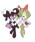  2girls :d ^_^ bag bright_pupils closed_eyes closed_mouth commentary_request elizabeth_(tomas21) gothorita green_eyes handbag highres kirlia looking_at_another multiple_girls no_humans open_mouth pokemon pokemon_(creature) purple_bag shoulder_bag simple_background smile standing white_background white_pupils 