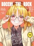  1girl adjusting_eyewear beret black-framed_eyewear black_shirt blonde_hair blush bocchi_the_rock! character_name clenched_teeth collared_shirt copyright_name cover fake_magazine_cover grin hat highres ijichi_nijika jacket kikugawa_roku long_hair looking_at_viewer magazine_cover multicolored_clothes multicolored_jacket nail_polish open_clothes open_jacket red_eyes red_headwear round_eyewear shirt side_ponytail smile solo teeth upper_body white_jacket yellow_nails 