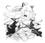  1girl animal_ears arknights bare_shoulders cat_ears choker collared_shirt dress greyscale_with_colored_background hair_ribbon jacket long_hair mint_(arknights) nuudoru off_shoulder ribbon shirt sidelocks simple_background solo thighhighs very_long_hair 