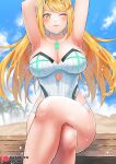  1girl absurdres armpits arms_up blonde_hair breasts chest_jewel choker cleavage closed_eyes crossed_legs day feet_out_of_frame highres large_breasts lips long_hair mythra_(radiant_beach)_(xenoblade) one-piece_swimsuit outdoors patreon_username ribbed_swimsuit sitting solo strapless strapless_swimsuit striped striped_one-piece_swimsuit swept_bangs swimsuit tiara vertical-striped_one-piece_swimsuit vertical_stripes white_choker white_one-piece_swimsuit xenoblade_chronicles_(series) xenoblade_chronicles_2 yellow_eyes you_nf 