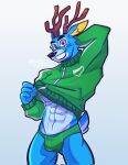  2023 abs animal_crossing anthro antlers bam_(animal_crossing) big_muscles briefs bulge clothed clothing deer eyebrows fluchinick fur hand_behind_head hi_res horn jacket looking_at_viewer male mammal muscular muscular_anthro muscular_male navel nintendo nipples pecs raised_clothing raised_jacket raised_topwear seductive simple_background smile solo standing teeth topwear tuft underwear white_background 