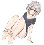  1girl aa211108 anastasia_(idolmaster) bare_legs barefoot black_skirt blush breasts collarbone dutch_angle feet foot_focus grey_hair idolmaster idolmaster_cinderella_girls looking_at_viewer medium_breasts short_hair shorts simple_background skirt smile soles solo toes white_background white_shorts 