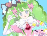  1girl blue_background bow colored_eyelashes commentary_request dress elbow_gloves falulu gloves green_hair grey_eyes hair_bow hand_up headphones heart long_hair looking_at_viewer moudoku_(decopon3rd) one_eye_closed open_mouth pink_bow pink_dress power_symbol pretty_series pripara puffy_short_sleeves puffy_sleeves purple_eyes short_sleeves sidelocks smile sparkle stuffed_unicorn tiara twintails unicorn_(pripara) upper_body v white_bow white_gloves 