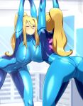  1girl arms_up ass blonde_hair blue_bodysuit blue_eyes bodysuit breasts closed_mouth covered_navel from_behind highres large_breasts lindaroze long_hair metroid mirror one_eye_closed ponytail reflection samus_aran skin_tight solo standing stretching zero_suit 