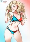  1girl bikini blonde_hair blue_eyes blush breasts cleavage hair_ornament hairclip highres long_hair looking_at_viewer medium_breasts mina_cream multicolored_bikini multicolored_clothes nintendo_switch persona persona_5 print_bikini smile solo swimsuit takamaki_anne twintails two-tone_bikini 