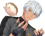  1boy blue_eyes commentary_request earrings fingernails gloves grey_gloves grey_hair hedgehog helios_rising_heroes highres hoop_earrings jewelry male_focus open_mouth oscar_bale partial_commentary sekina short_hair simple_background teeth upper_body upper_teeth_only white_background 