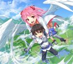  1boy 1girl angel armored_boots black_hair black_pants boots brown_hair carrying carrying_person fingerless_gloves gloves long_sleeves minamijuuji_sei official_art open_mouth orange_skirt original outdoors pants pink_hair red_eyes skirt sky sword virgo_(yasei_no_last_boss) weapon white_wings wings yahako yasei_no_last_boss_ga_arawareta 