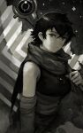  1girl absurdres arm_wrap breasts from_side gray_(void_stranger) greyscale highres holding holding_staff jewelry kornod looking_at_viewer medium_breasts monochrome pendant sash scarf short_hair solo staff star_(sky) void_stranger 