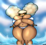  absurd_res anthro big_breasts bikini bikini_thong bikini_top blue_lips bracelet breasts brown_body celes_(celes_the_whim) clothing female generation_5_pokemon hair hi_res huge_breasts jewelry lewd_bun64 lips navel nintendo pokemon pokemon_(species) solo swimwear thick_thighs water whimsicott white_eyes white_hair 