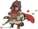  2023 anthro armor band-aid bandage biped brown_body brown_fur brush canid canine fur guaxraccoon leaf mammal melee_weapon paintbrush raccoon_dog simple_background solo sword tanuki weapon white_background 